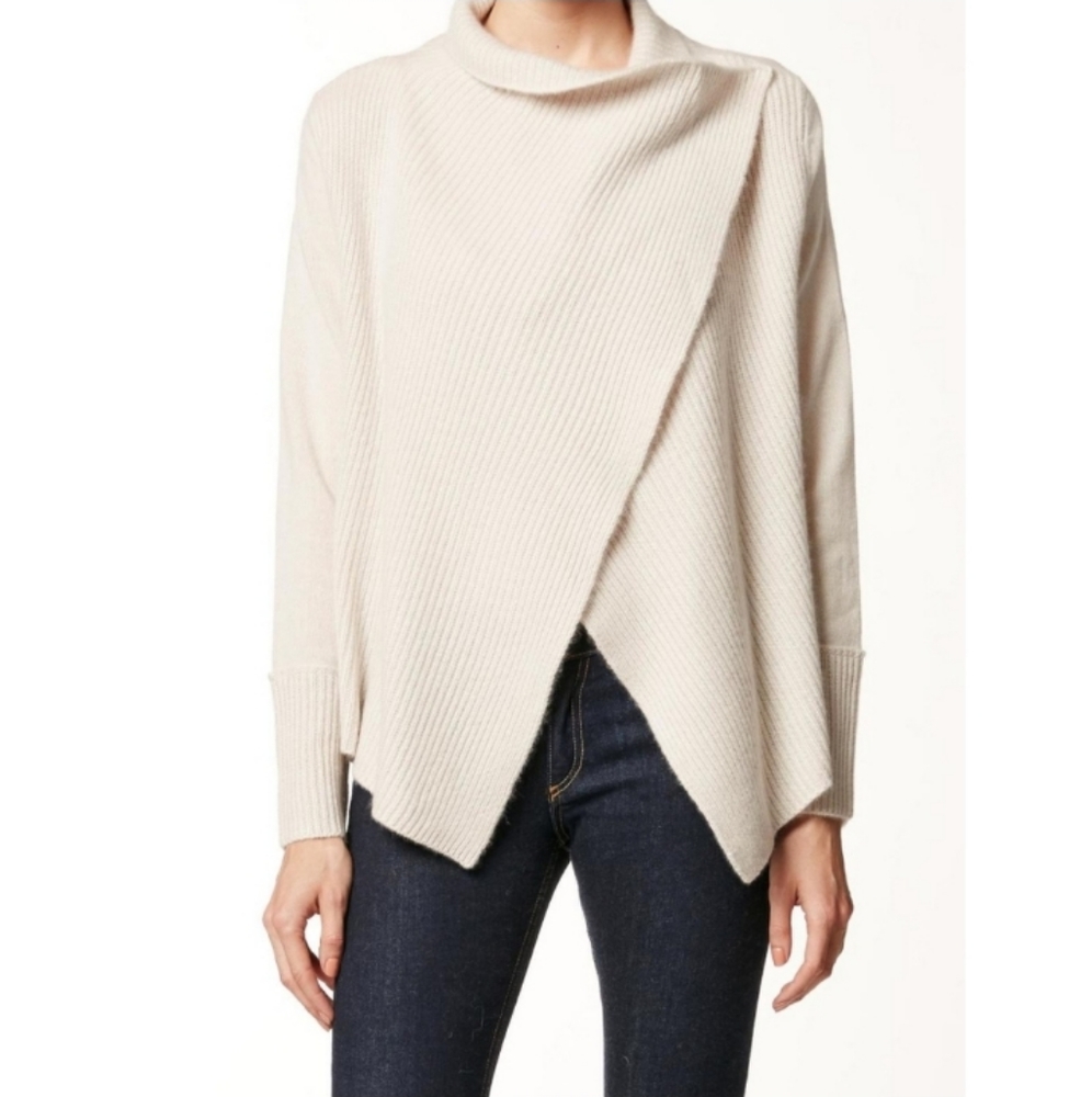 100% Cashmere Cream Draped Assymetric Cardigan w Ribbed Sleeves 360 Cashmere M